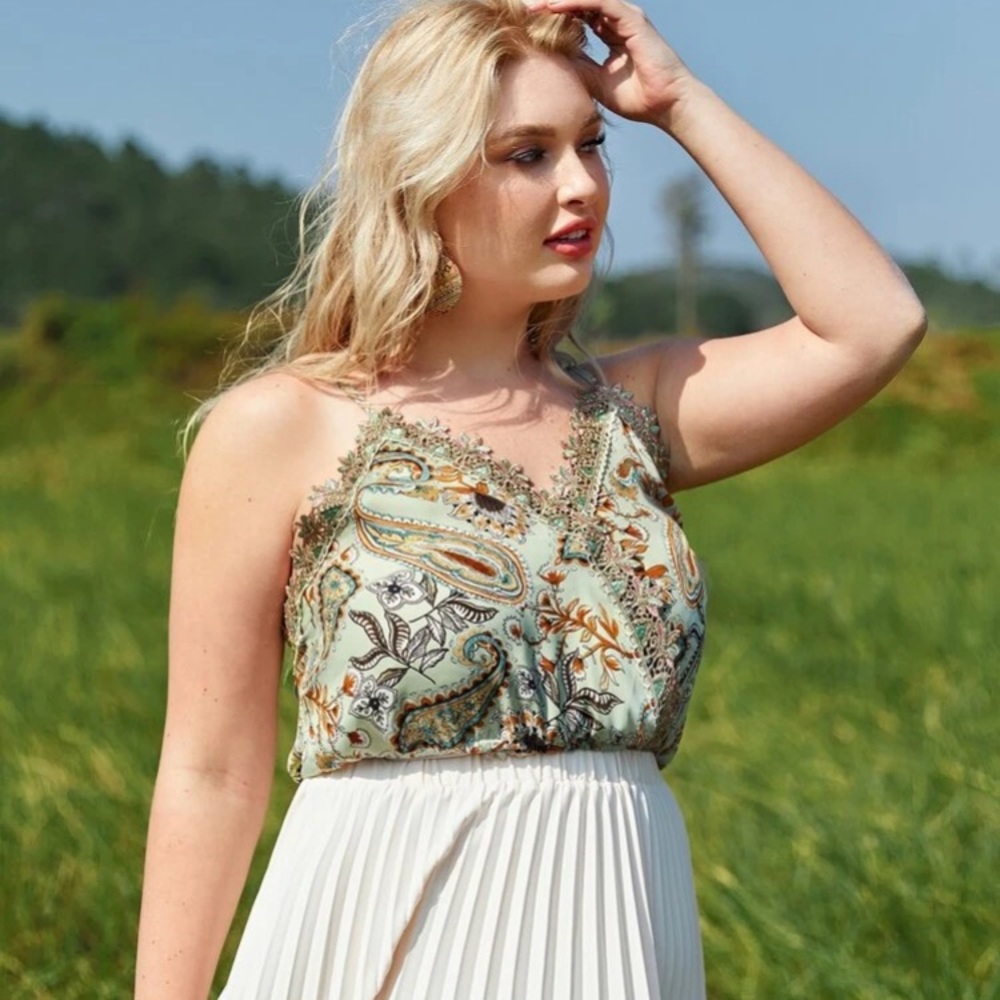 Paisley & floral crop top with crossed straps.